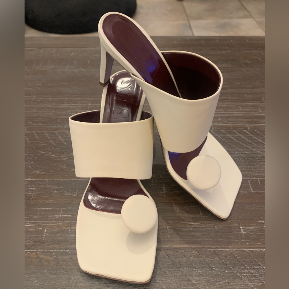 STAUD Cream and Burgundy Leather Slide Heels